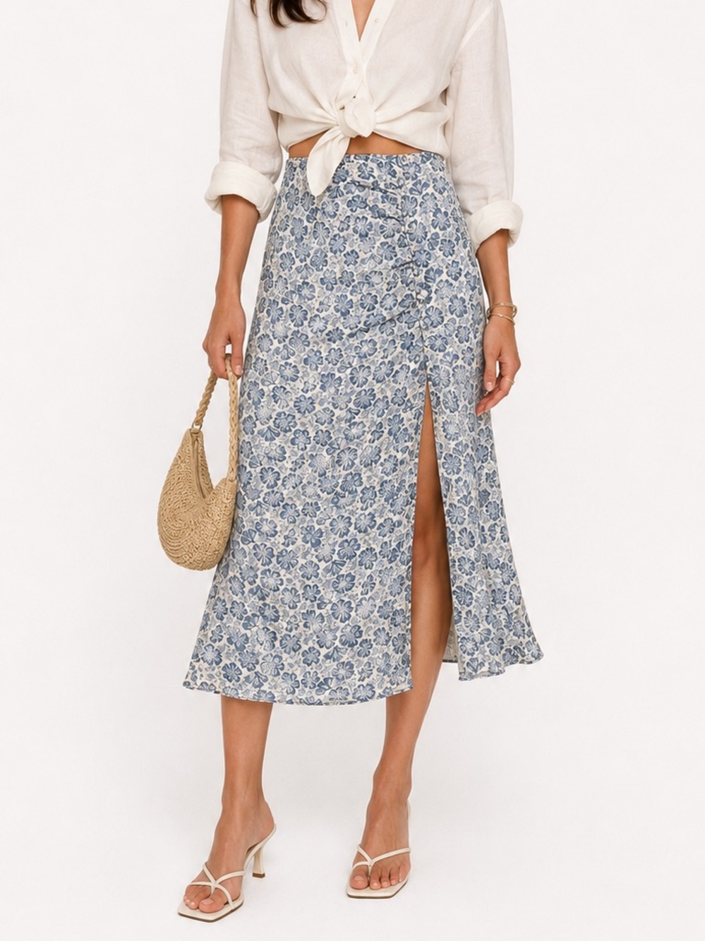 REFORMATION BLUE FLORAL RUCHED MIDI SKIRT SIZE 6